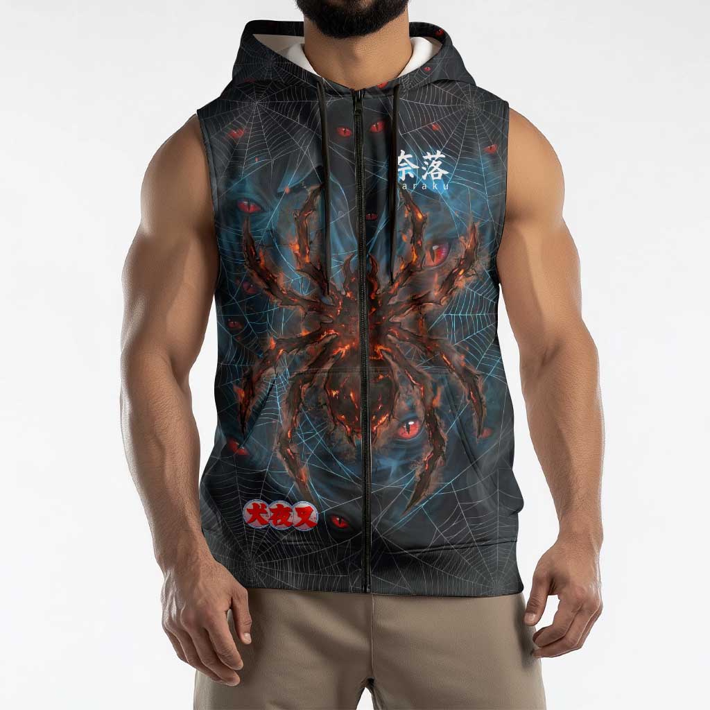 Naraku Inuyasha Series Sleeveless Zip Hoodie Dark Web Anime Style with Fiery Spider and Red Eyes