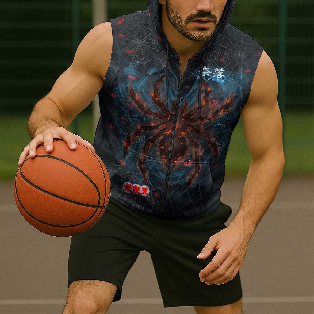 Naraku Inuyasha Series Sleeveless Zip Hoodie Dark Web Anime Style with Fiery Spider and Red Eyes