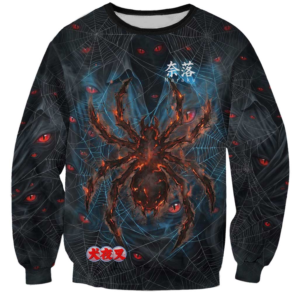 Naraku Inuyasha Series Sweatshirt Dark Web Anime Style with Fiery Spider and Red Eyes