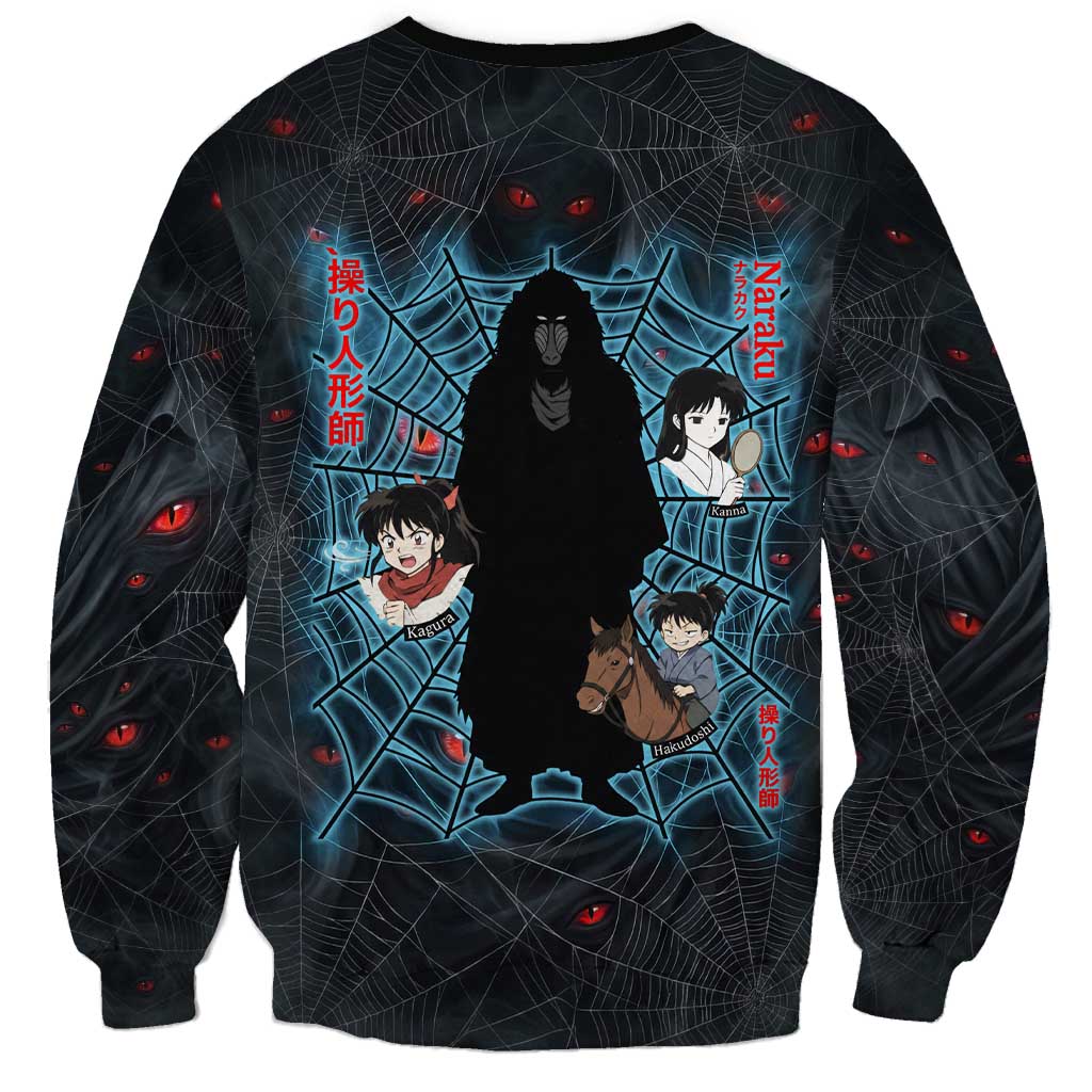 Naraku Inuyasha Series Sweatshirt Dark Web Anime Style with Fiery Spider and Red Eyes