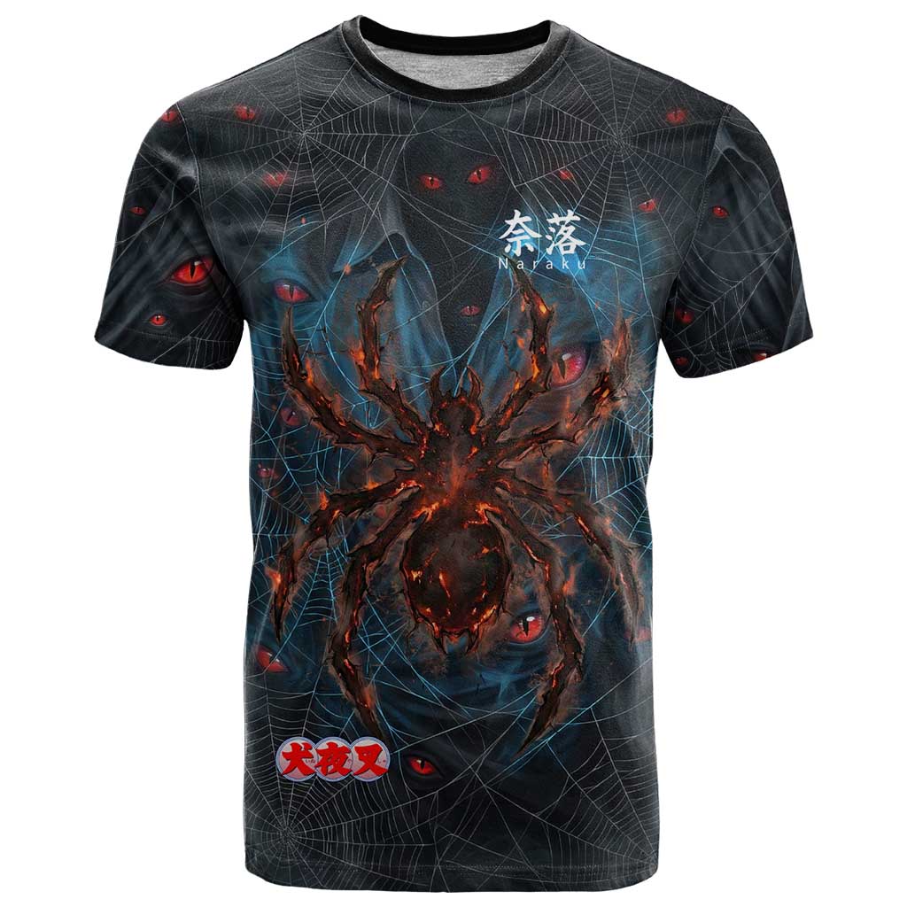 Naraku Inuyasha Series T Shirt Dark Web Anime Style with Fiery Spider and Red Eyes
