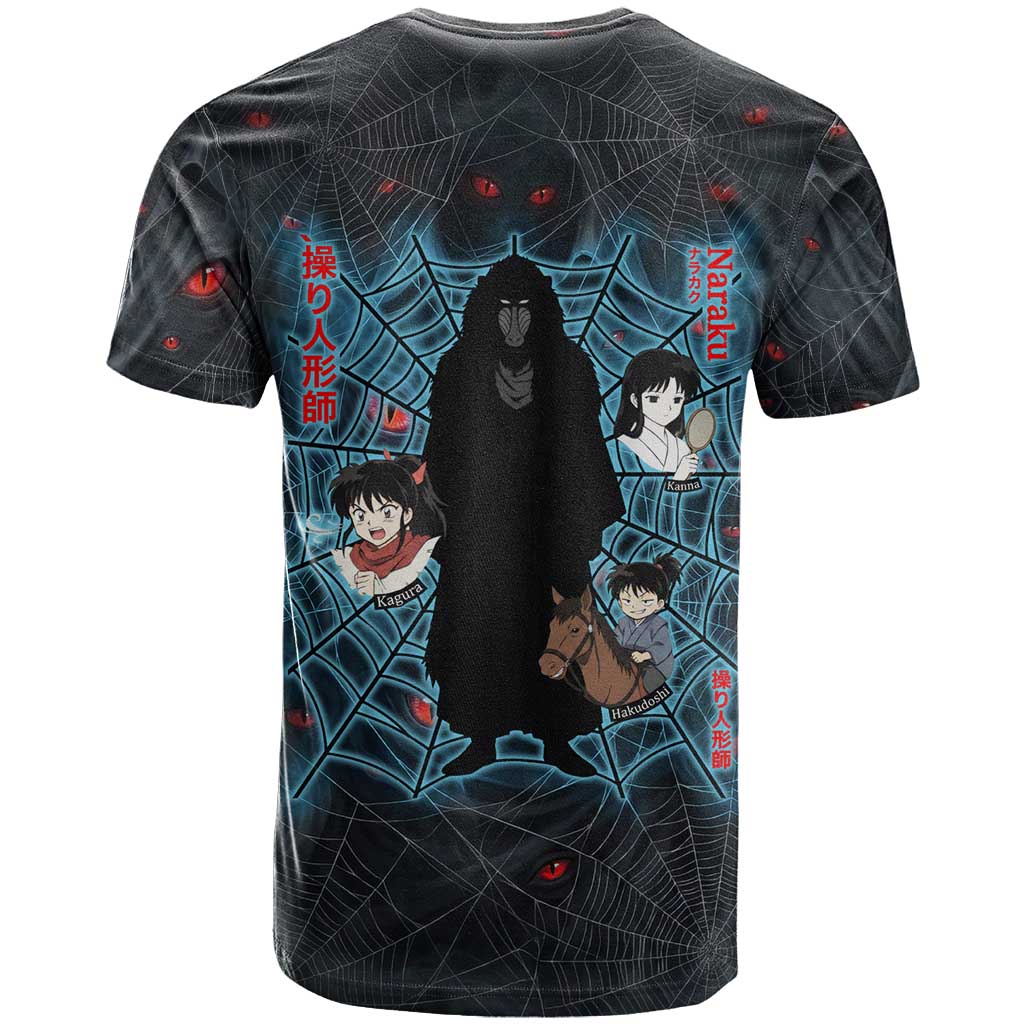 Naraku Inuyasha Series T Shirt Dark Web Anime Style with Fiery Spider and Red Eyes