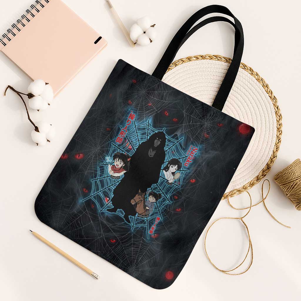 Naraku Inuyasha Series Tote Bag Dark Web Anime Style with Fiery Spider and Red Eyes