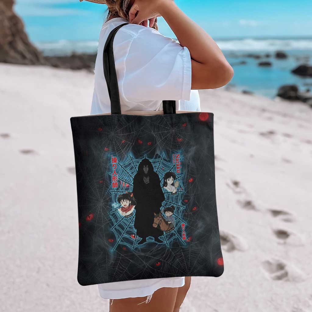 Naraku Inuyasha Series Tote Bag Dark Web Anime Style with Fiery Spider and Red Eyes