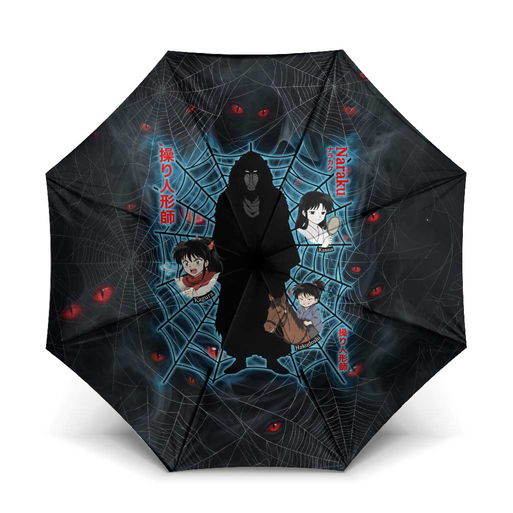Naraku Inuyasha Series Umbrella Dark Web Anime Style with Fiery Spider and Red Eyes