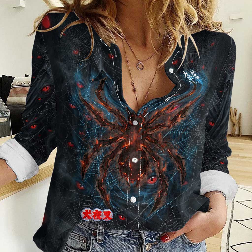 Naraku Inuyasha Series Women Casual Shirt Dark Web Anime Style with Fiery Spider and Red Eyes