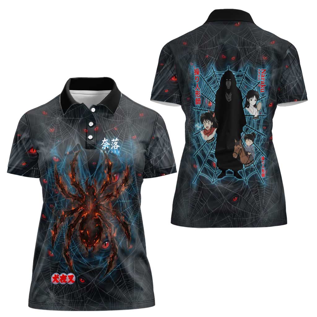 Naraku Inuyasha Series Women Polo Shirt Dark Web Anime Style with Fiery Spider and Red Eyes