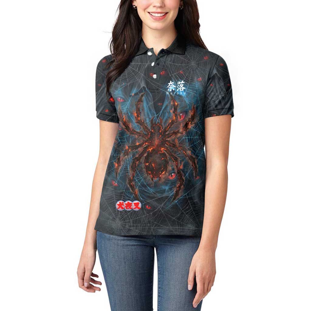 Naraku Inuyasha Series Women Polo Shirt Dark Web Anime Style with Fiery Spider and Red Eyes