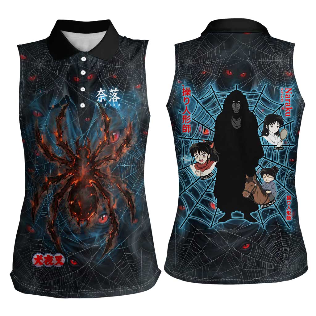Naraku Inuyasha Series Women Sleeveless Polo Shirt Dark Web Anime Style with Fiery Spider and Red Eyes