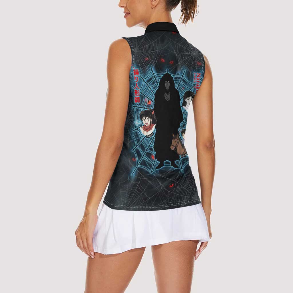 Naraku Inuyasha Series Women Sleeveless Polo Shirt Dark Web Anime Style with Fiery Spider and Red Eyes