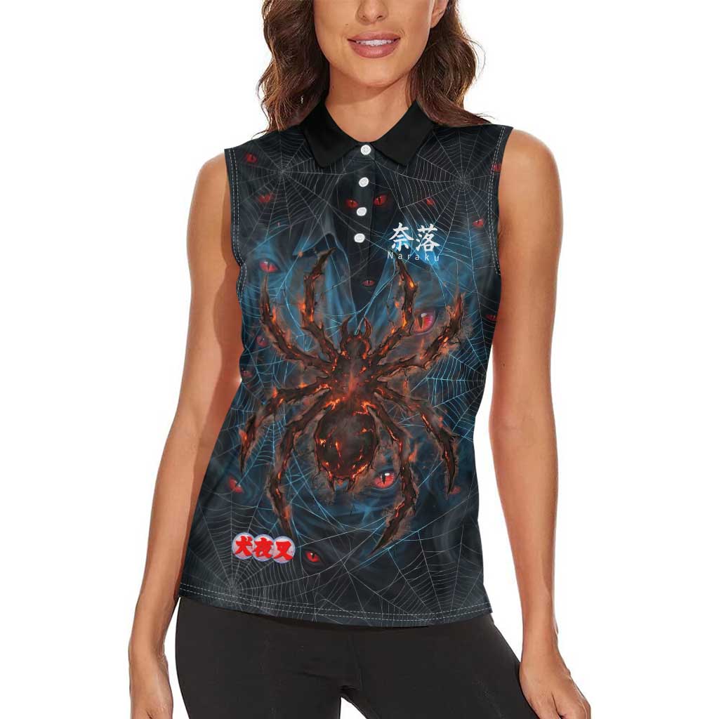 Naraku Inuyasha Series Women Sleeveless Polo Shirt Dark Web Anime Style with Fiery Spider and Red Eyes
