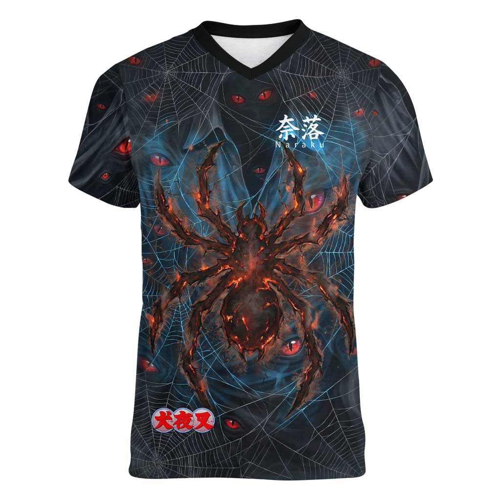 Naraku Inuyasha Series Women V-Neck T-Shirt Dark Web Anime Style with Fiery Spider and Red Eyes