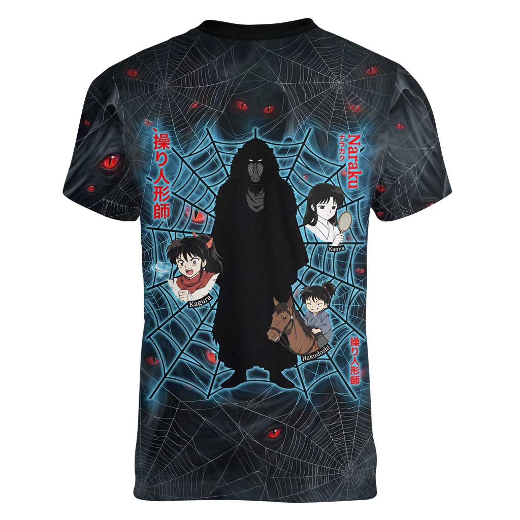 Naraku Inuyasha Series Women V-Neck T-Shirt Dark Web Anime Style with Fiery Spider and Red Eyes
