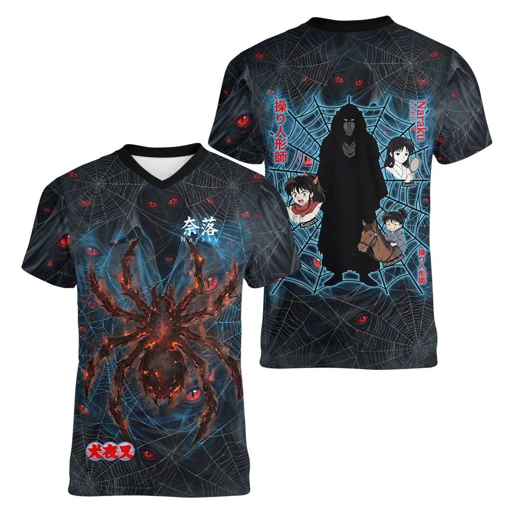 Naraku Inuyasha Series Women V-Neck T-Shirt Dark Web Anime Style with Fiery Spider and Red Eyes