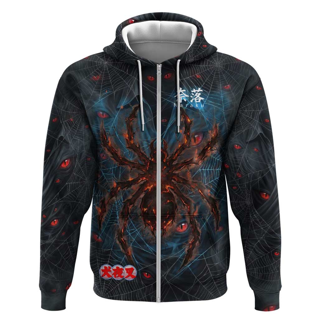 Naraku Inuyasha Series Zip Hoodie Dark Web Anime Style with Fiery Spider and Red Eyes