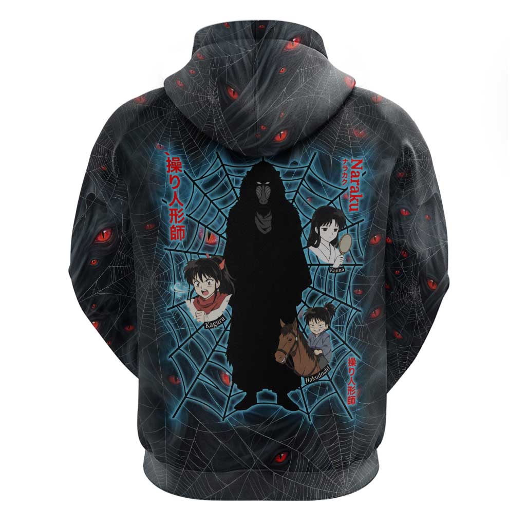 Naraku Inuyasha Series Zip Hoodie Dark Web Anime Style with Fiery Spider and Red Eyes