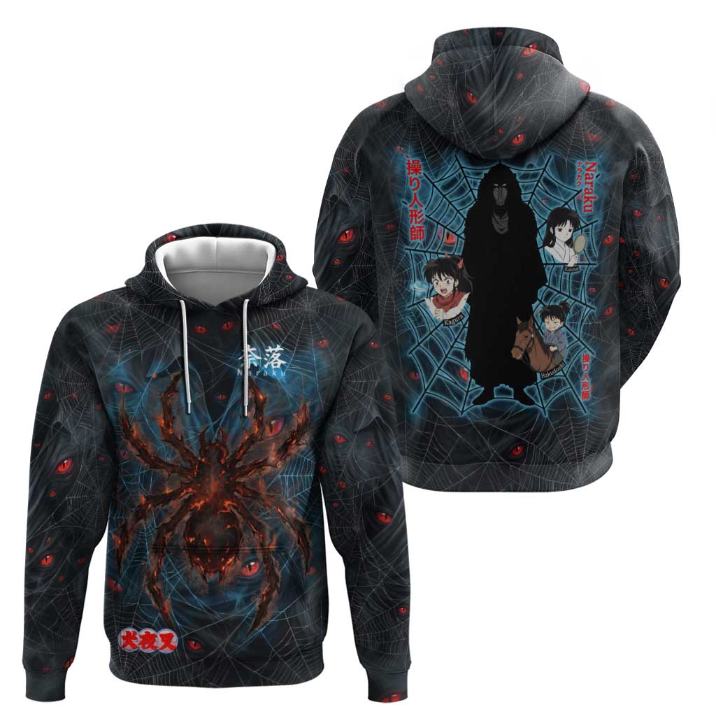 Naraku Inuyasha Series Zip Hoodie Dark Web Anime Style with Fiery Spider and Red Eyes