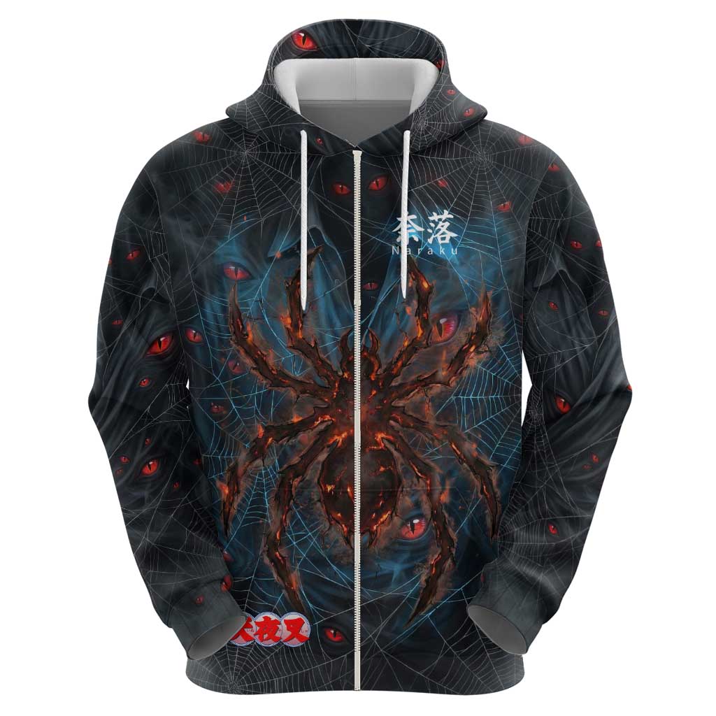 Naraku Inuyasha Series Zip Hoodie Dark Web Anime Style with Fiery Spider and Red Eyes
