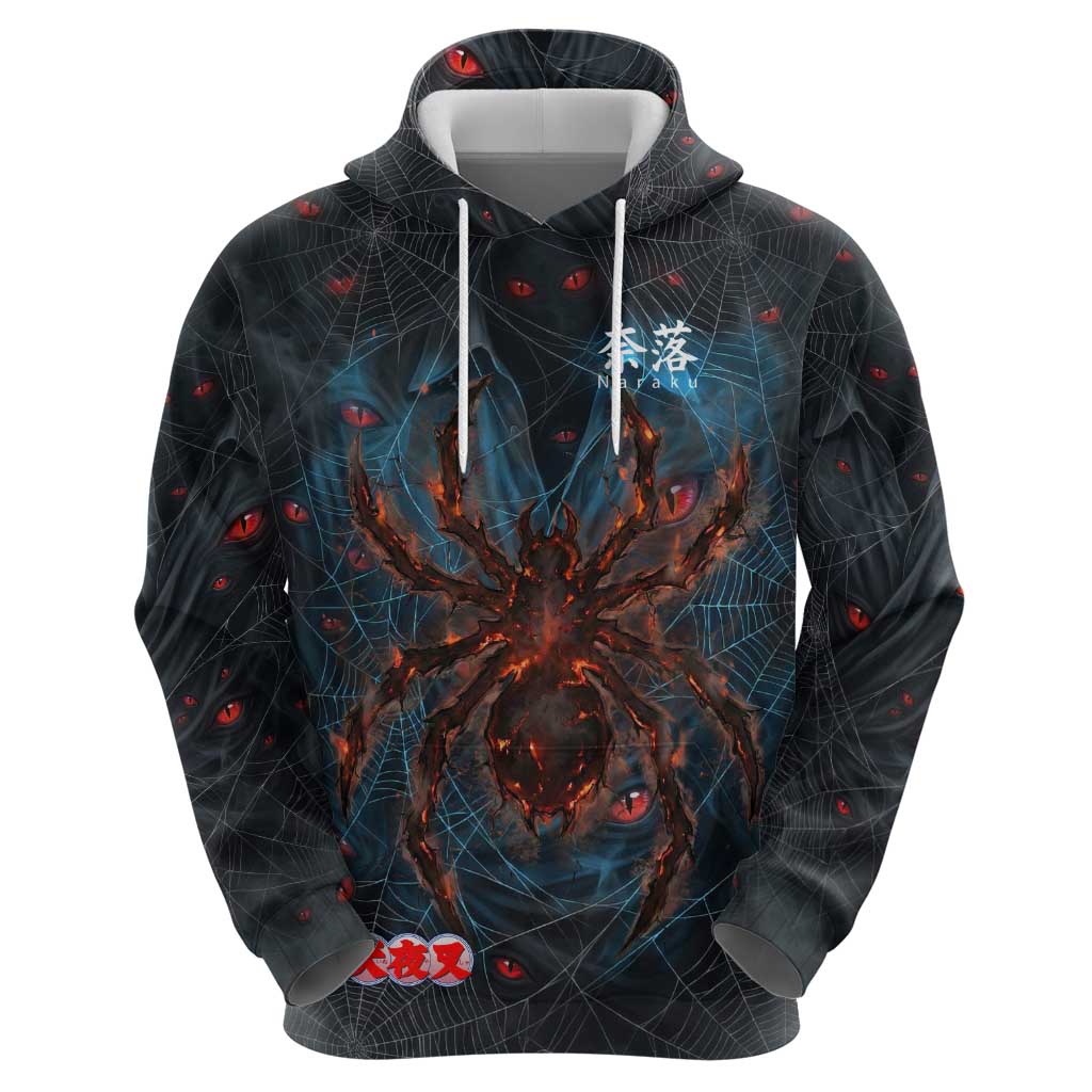 Naraku Inuyasha Series Zip Hoodie Dark Web Anime Style with Fiery Spider and Red Eyes