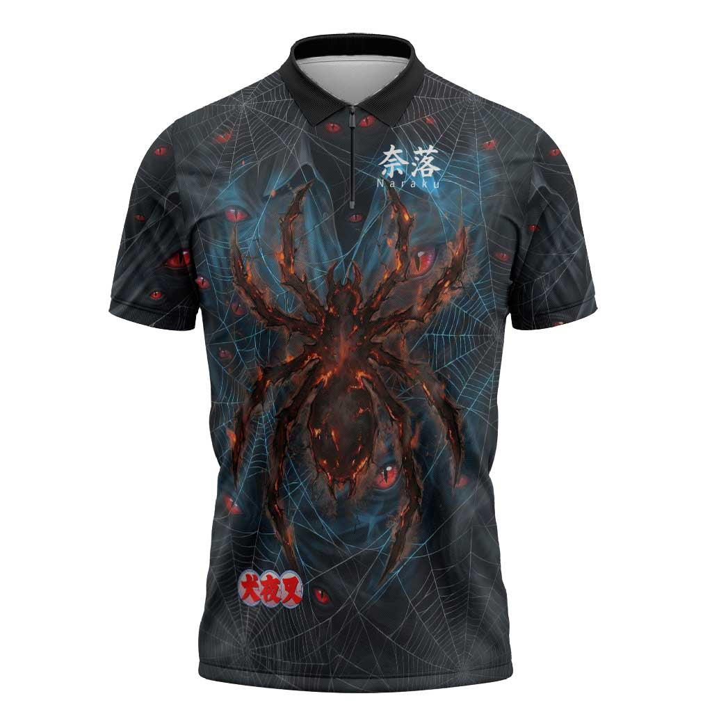 Naraku Inuyasha Series Zipper Polo Shirt Dark Web Anime Style with Fiery Spider and Red Eyes