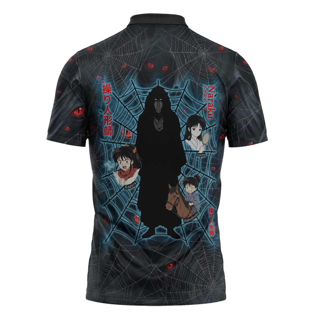 Naraku Inuyasha Series Zipper Polo Shirt Dark Web Anime Style with Fiery Spider and Red Eyes