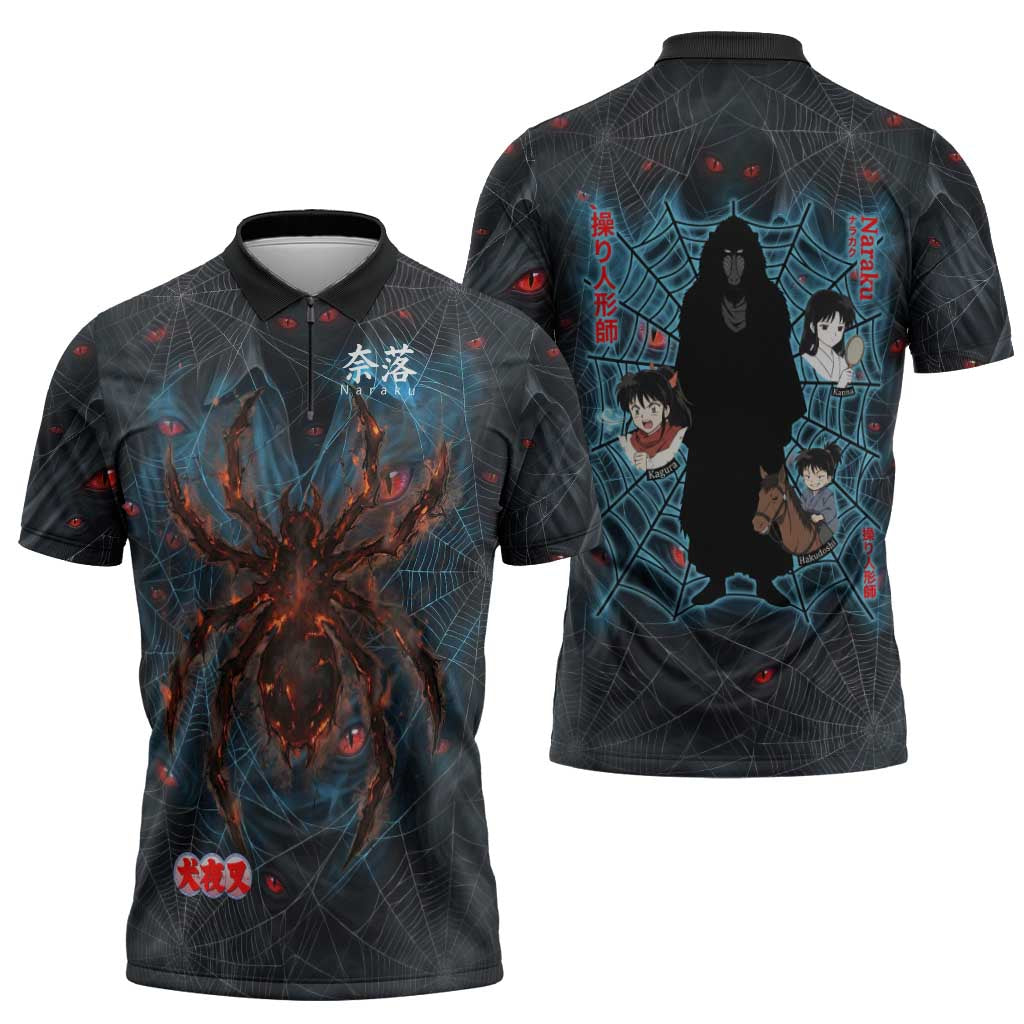 Naraku Inuyasha Series Zipper Polo Shirt Dark Web Anime Style with Fiery Spider and Red Eyes