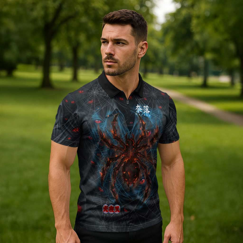 Naraku Inuyasha Series Zipper Polo Shirt Dark Web Anime Style with Fiery Spider and Red Eyes
