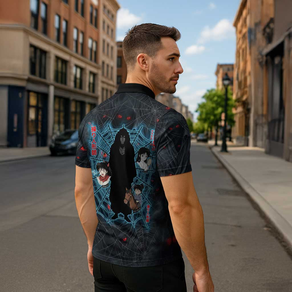 Naraku Inuyasha Series Zipper Polo Shirt Dark Web Anime Style with Fiery Spider and Red Eyes