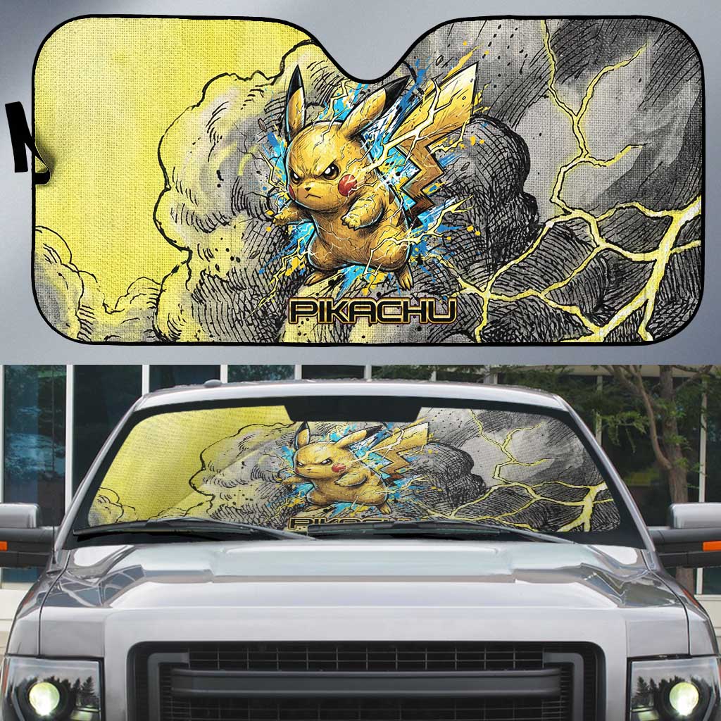 Pikachu Stormbreaker Edition Auto Sun Shade Pikachu Amid Thunder Clouds