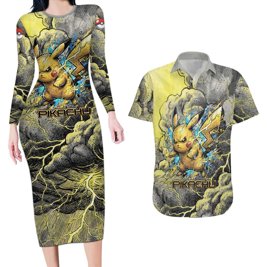 Pikachu Stormbreaker Edition Couples Matching Long Sleeve Bodycon Dress and Hawaiian Shirt Pikachu Amid Thunder Clouds