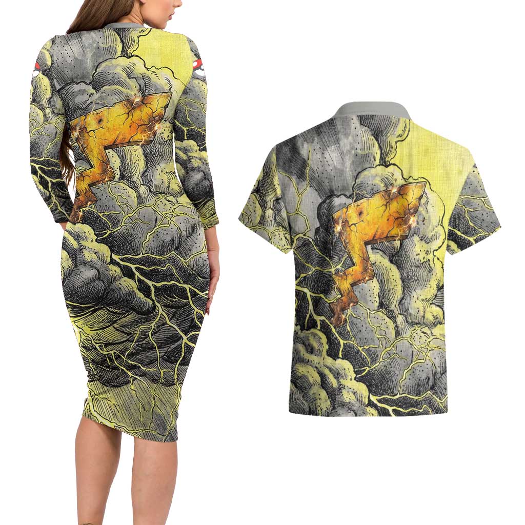Pikachu Stormbreaker Edition Couples Matching Long Sleeve Bodycon Dress and Hawaiian Shirt Pikachu Amid Thunder Clouds