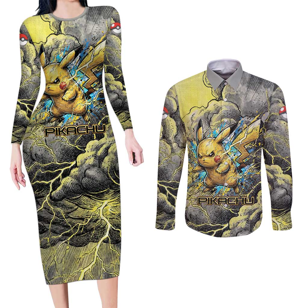 Pikachu Stormbreaker Edition Couples Matching Long Sleeve Bodycon Dress and Long Sleeve Button Shirt Pikachu Amid Thunder Clouds