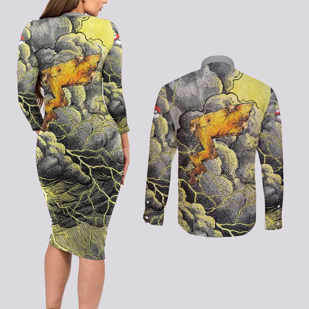Pikachu Stormbreaker Edition Couples Matching Long Sleeve Bodycon Dress and Long Sleeve Button Shirt Pikachu Amid Thunder Clouds