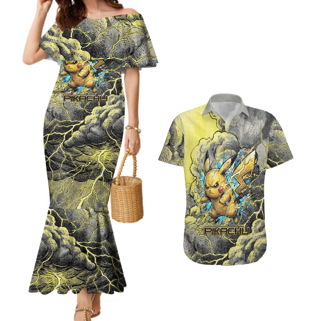 Pikachu Stormbreaker Edition Couples Matching Mermaid Dress and Hawaiian Shirt Pikachu Amid Thunder Clouds