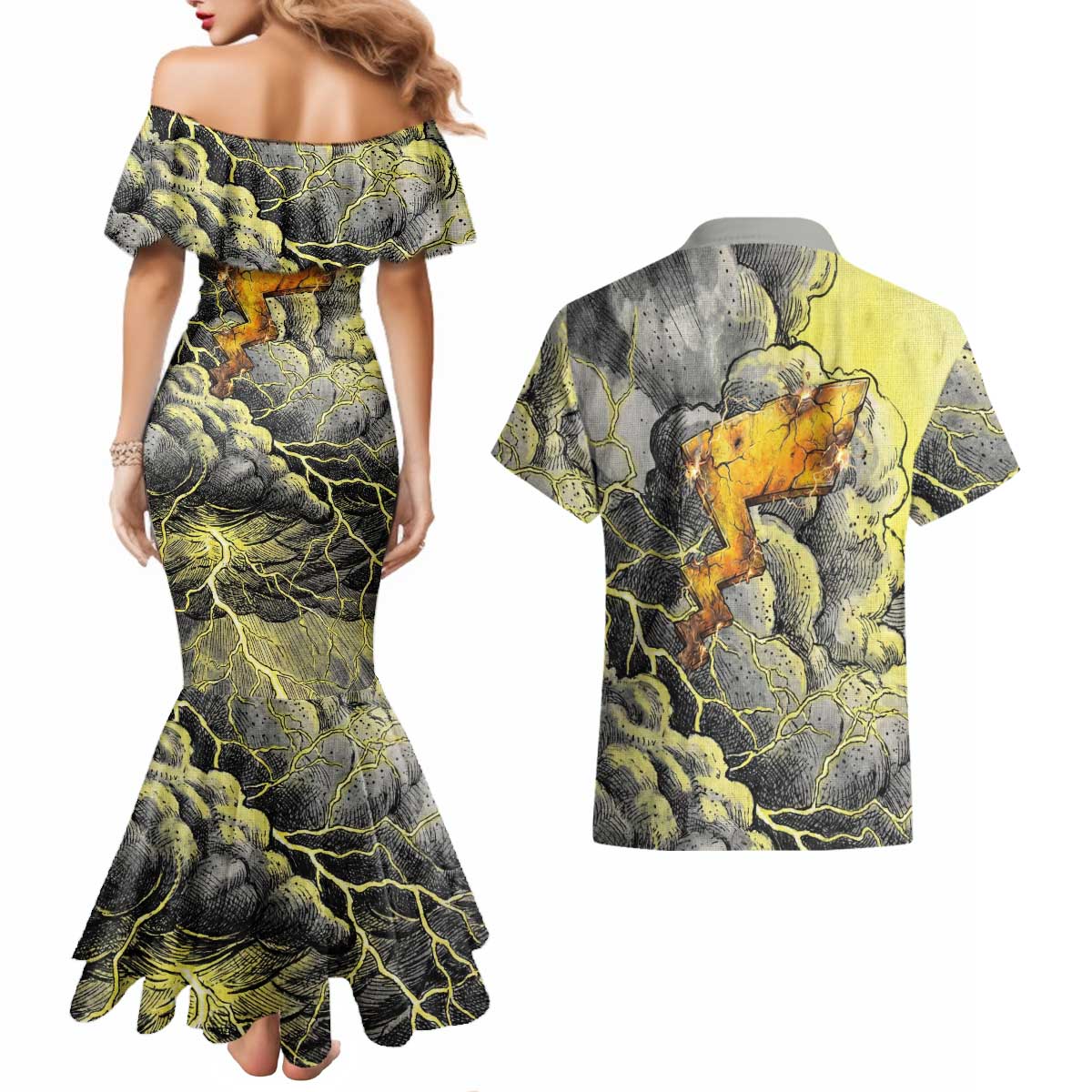 Pikachu Stormbreaker Edition Couples Matching Mermaid Dress and Hawaiian Shirt Pikachu Amid Thunder Clouds