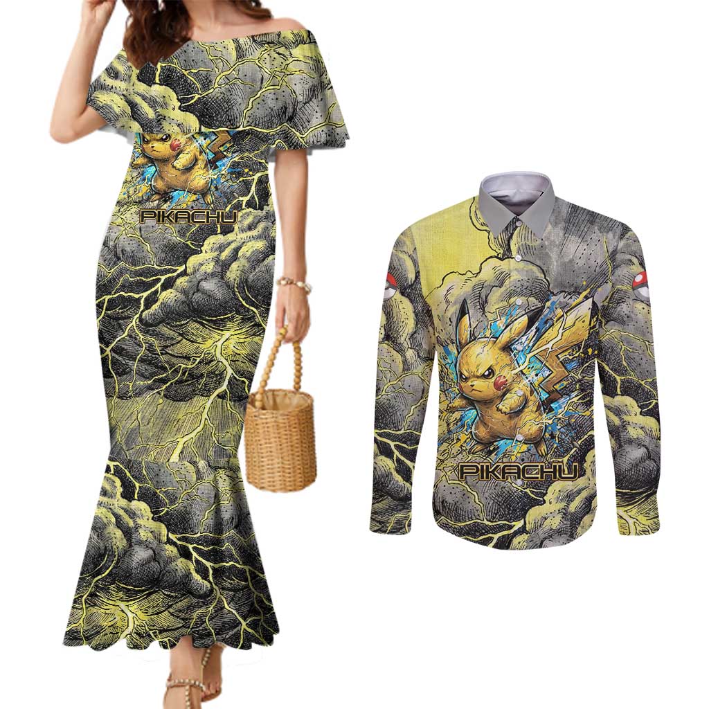 Pikachu Stormbreaker Edition Couples Matching Mermaid Dress and Long Sleeve Button Shirt Pikachu Amid Thunder Clouds