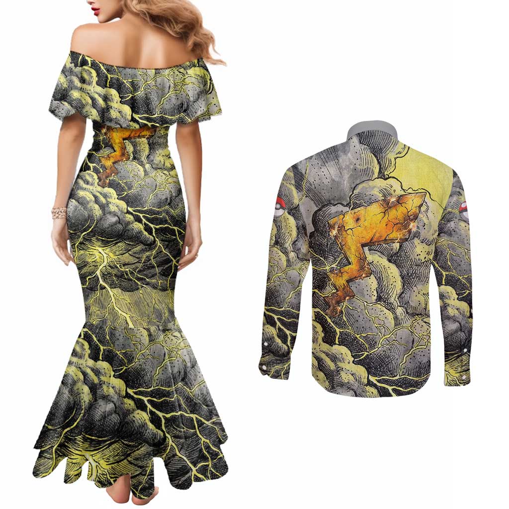 Pikachu Stormbreaker Edition Couples Matching Mermaid Dress and Long Sleeve Button Shirt Pikachu Amid Thunder Clouds