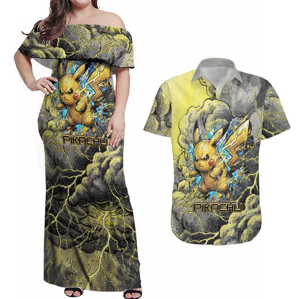 Pikachu Stormbreaker Edition Couples Matching Off Shoulder Maxi Dress and Hawaiian Shirt Pikachu Amid Thunder Clouds