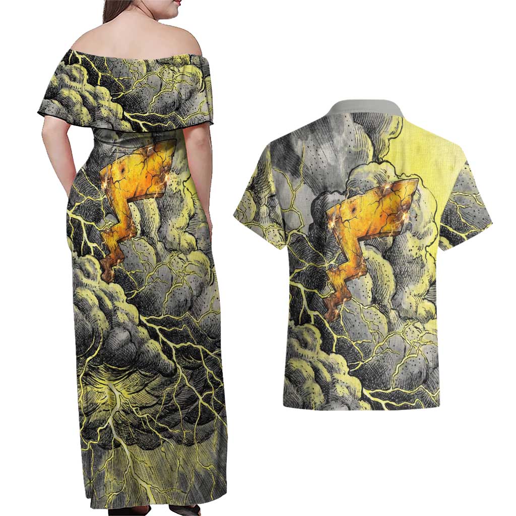 Pikachu Stormbreaker Edition Couples Matching Off Shoulder Maxi Dress and Hawaiian Shirt Pikachu Amid Thunder Clouds