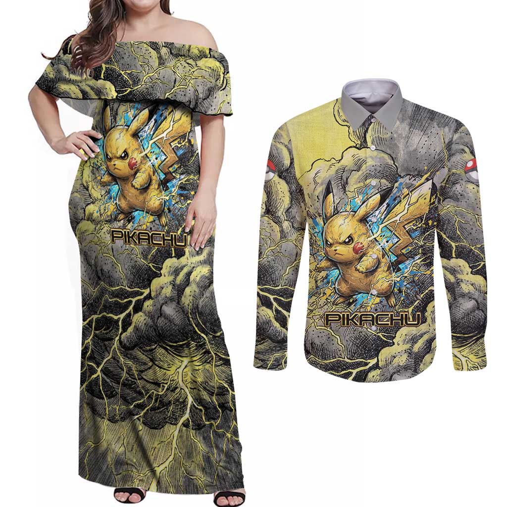 Pikachu Stormbreaker Edition Couples Matching Off Shoulder Maxi Dress and Long Sleeve Button Shirt Pikachu Amid Thunder Clouds