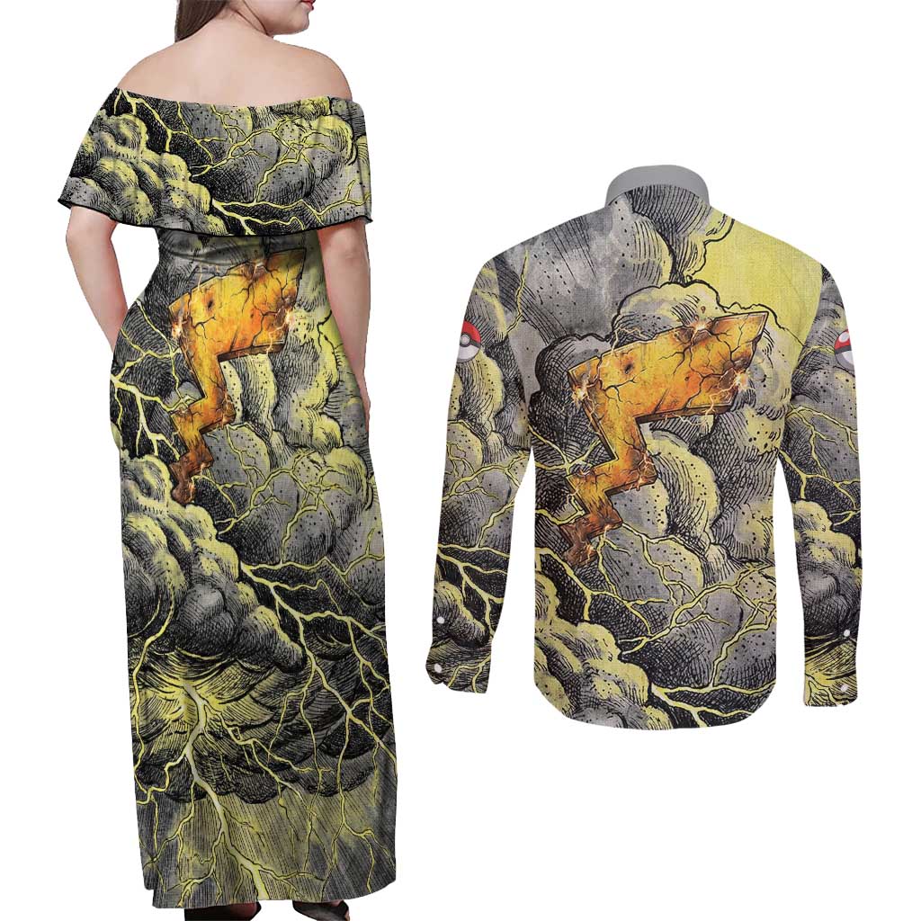 Pikachu Stormbreaker Edition Couples Matching Off Shoulder Maxi Dress and Long Sleeve Button Shirt Pikachu Amid Thunder Clouds