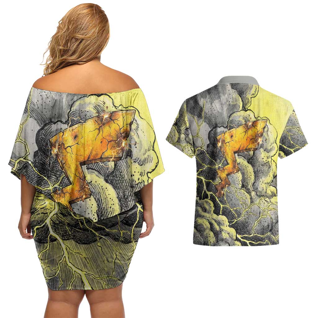 Pikachu Stormbreaker Edition Couples Matching Off Shoulder Short Dress and Hawaiian Shirt Pikachu Amid Thunder Clouds