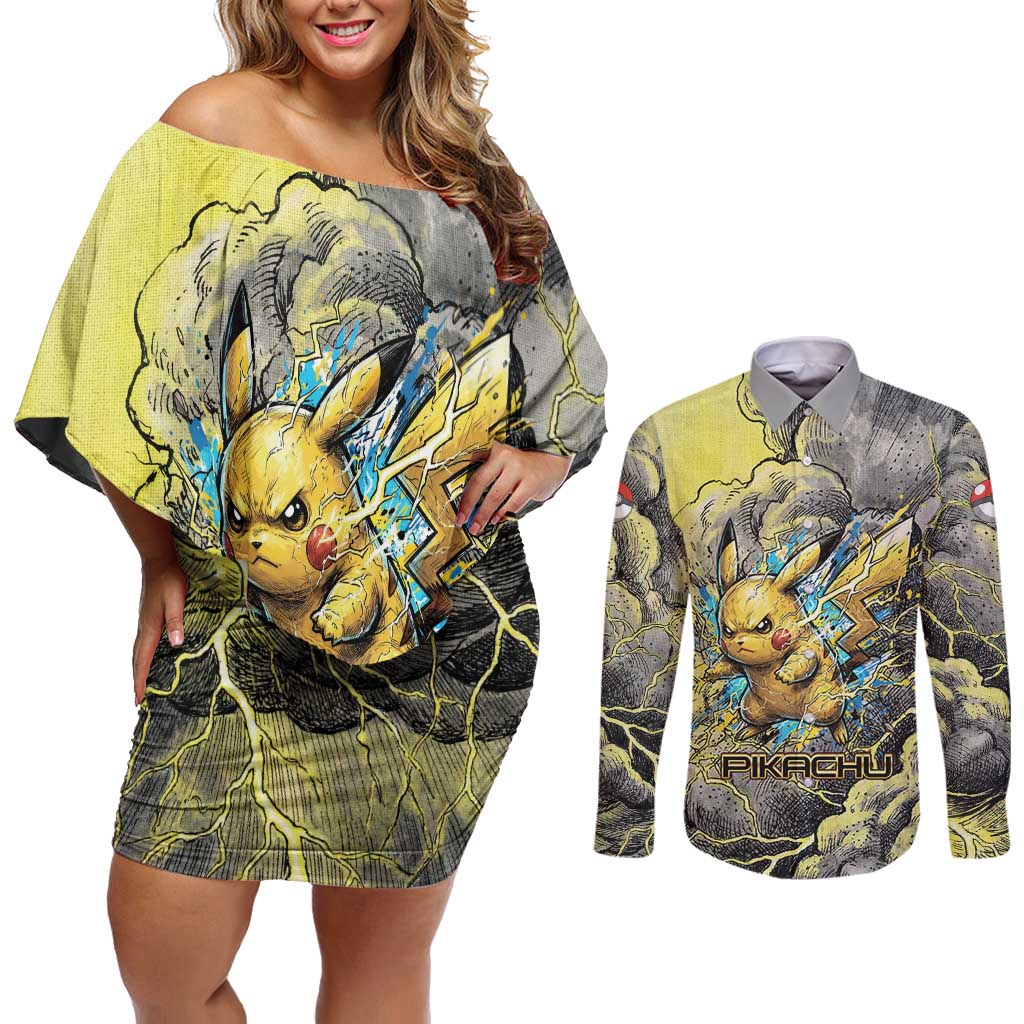 Pikachu Stormbreaker Edition Couples Matching Off Shoulder Short Dress and Long Sleeve Button Shirt Pikachu Amid Thunder Clouds
