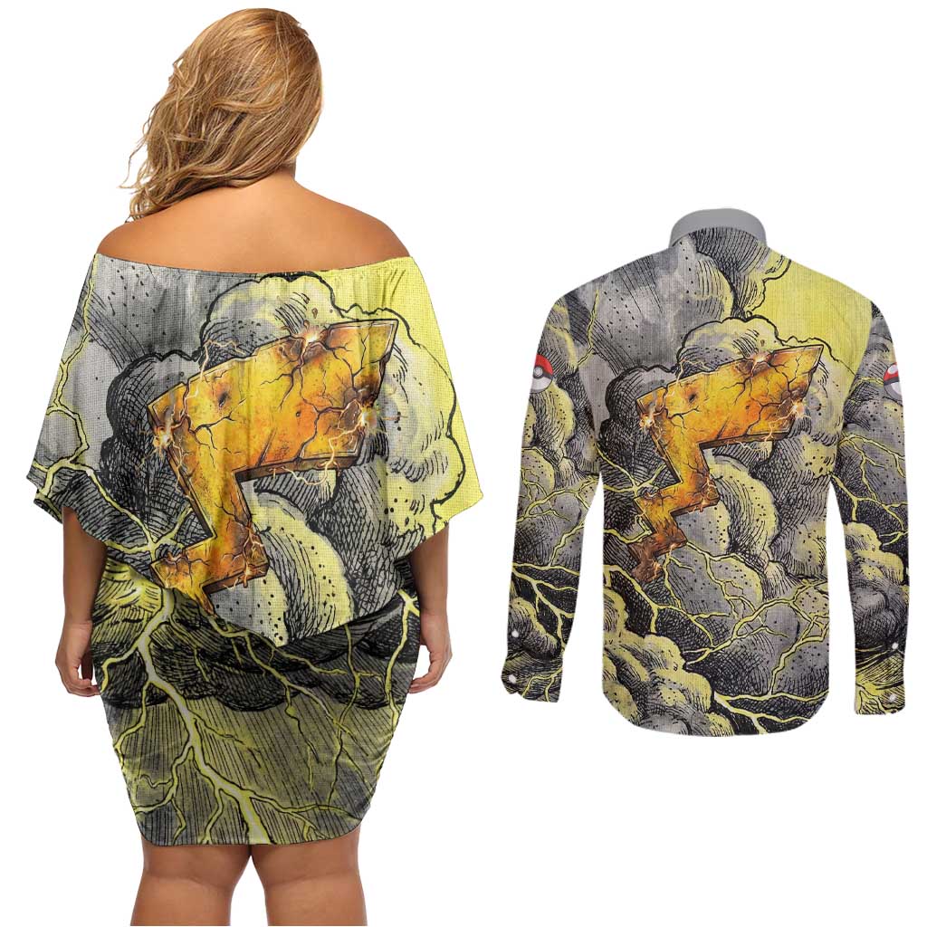 Pikachu Stormbreaker Edition Couples Matching Off Shoulder Short Dress and Long Sleeve Button Shirt Pikachu Amid Thunder Clouds