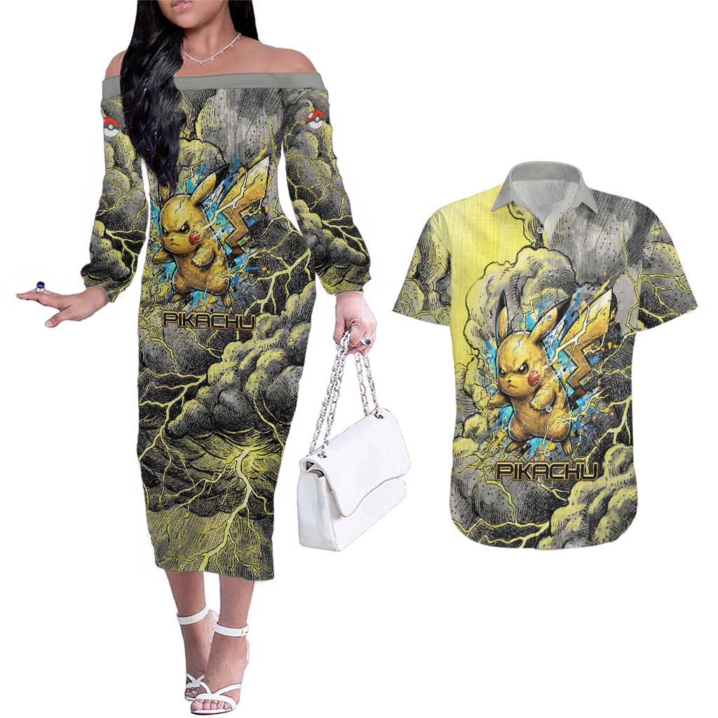 Pikachu Stormbreaker Edition Couples Matching Off The Shoulder Long Sleeve Dress and Hawaiian Shirt Pikachu Amid Thunder Clouds