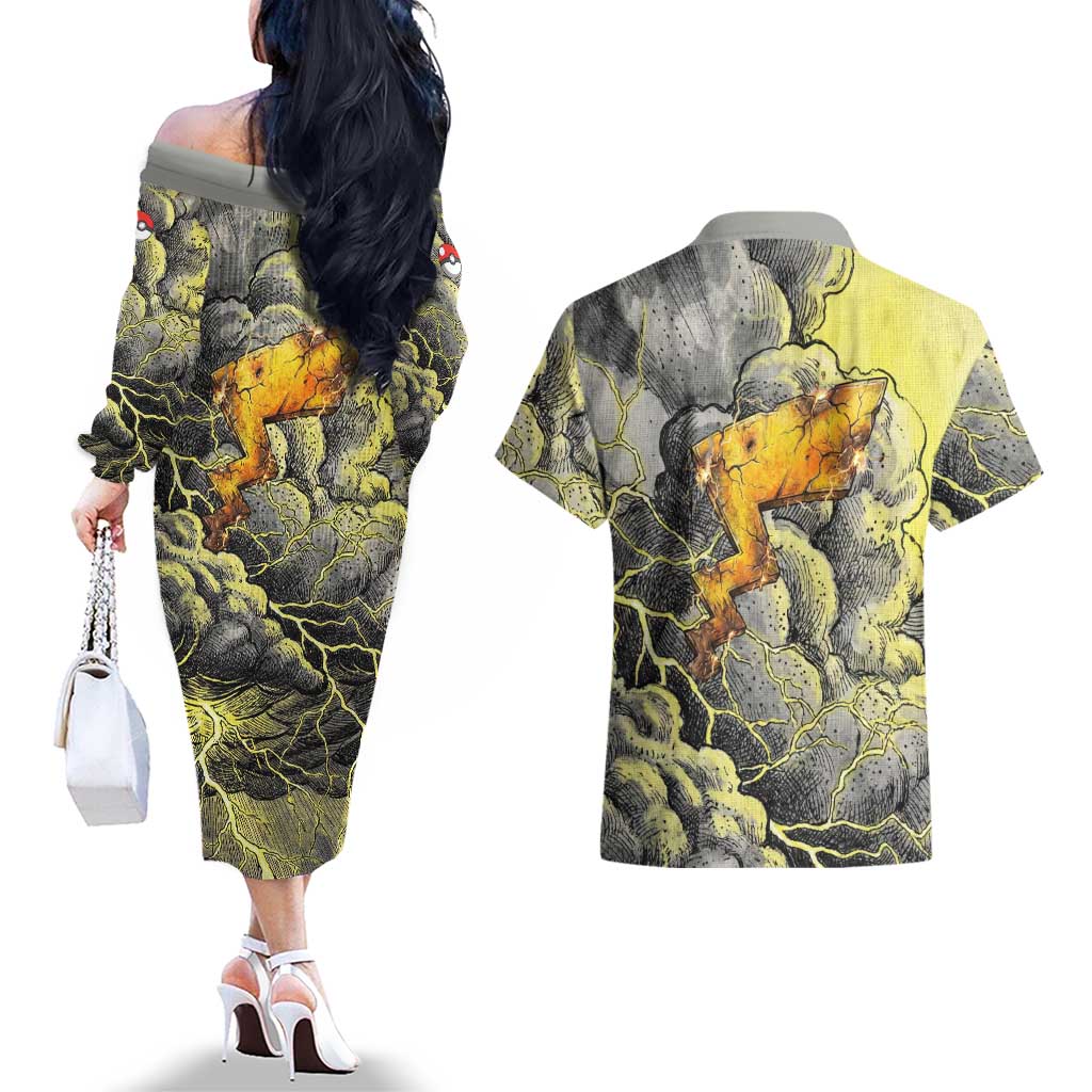 Pikachu Stormbreaker Edition Couples Matching Off The Shoulder Long Sleeve Dress and Hawaiian Shirt Pikachu Amid Thunder Clouds