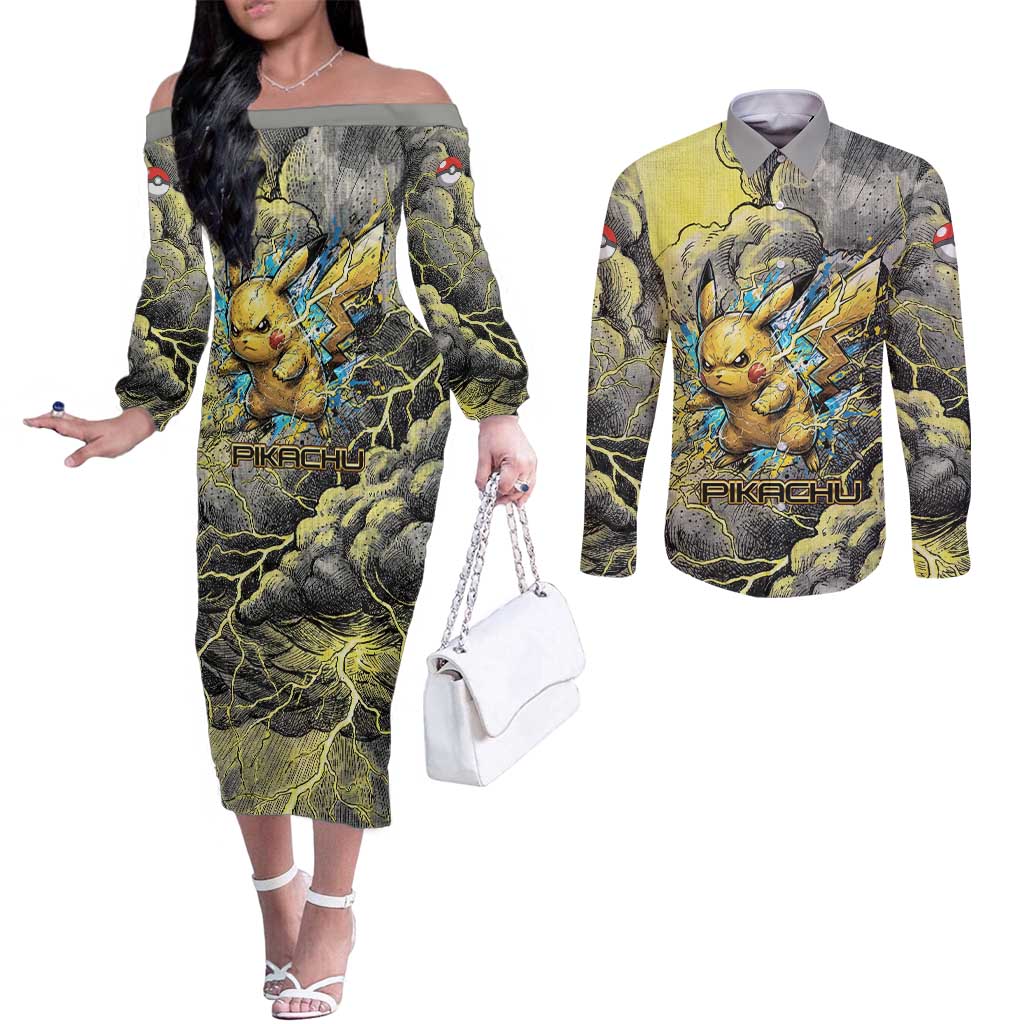Pikachu Stormbreaker Edition Couples Matching Off The Shoulder Long Sleeve Dress and Long Sleeve Button Shirt Pikachu Amid Thunder Clouds
