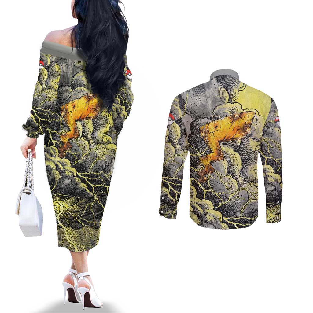 Pikachu Stormbreaker Edition Couples Matching Off The Shoulder Long Sleeve Dress and Long Sleeve Button Shirt Pikachu Amid Thunder Clouds