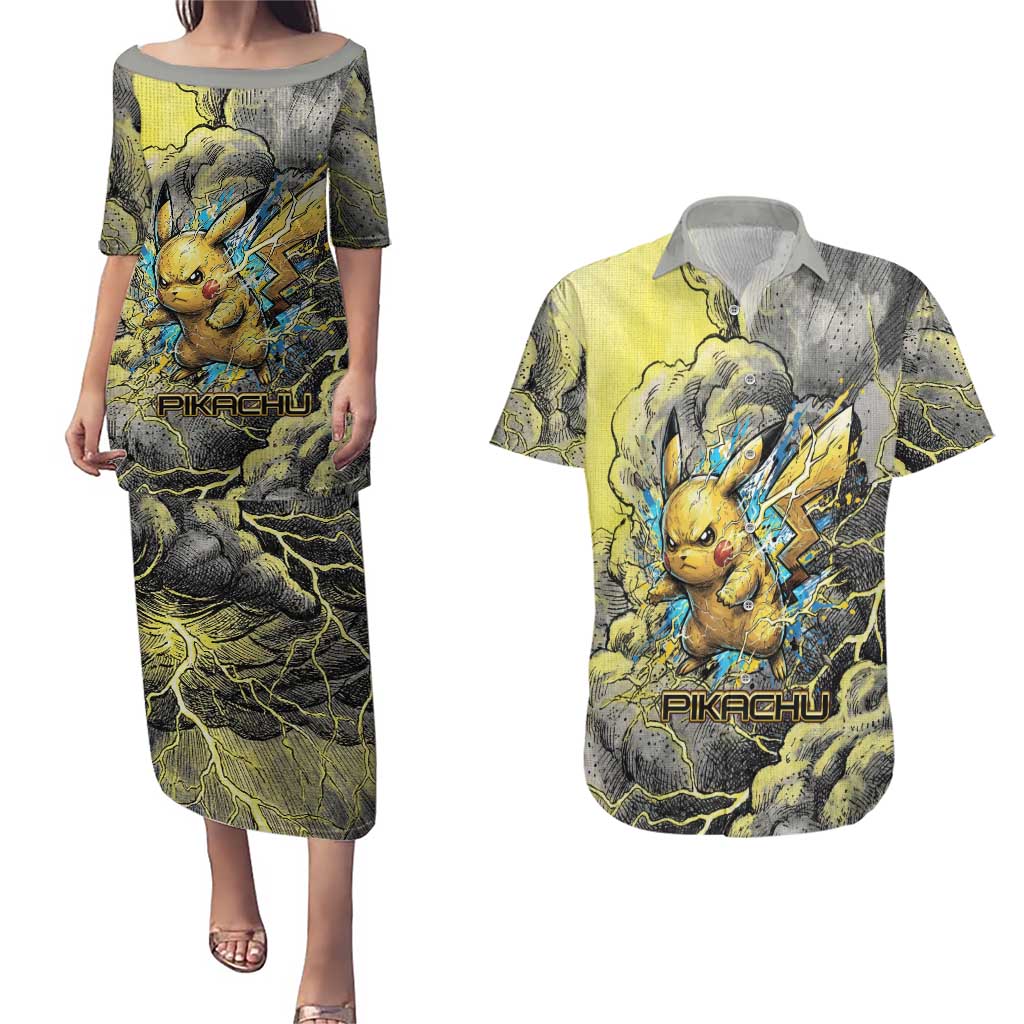 Pikachu Stormbreaker Edition Couples Matching Puletasi and Hawaiian Shirt Pikachu Amid Thunder Clouds