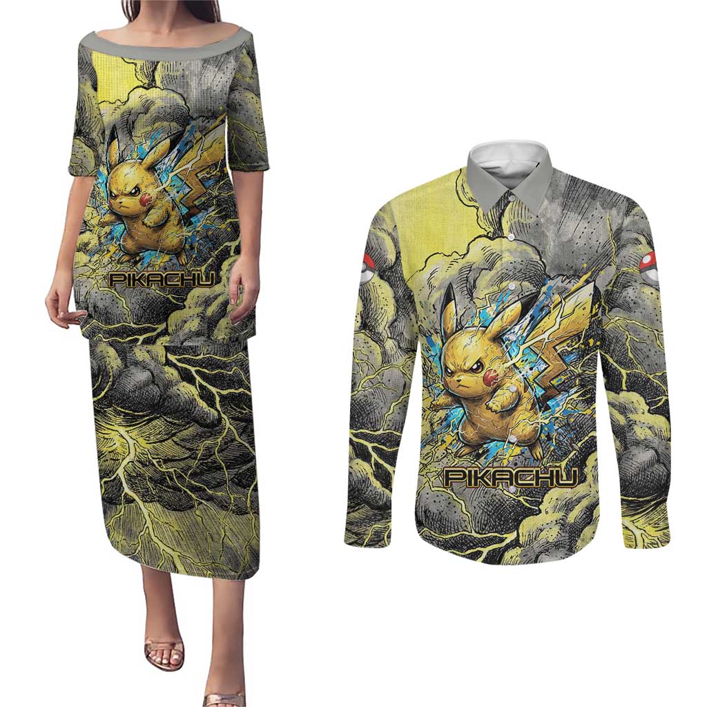 Pikachu Stormbreaker Edition Couples Matching Puletasi and Long Sleeve Button Shirt Pikachu Amid Thunder Clouds